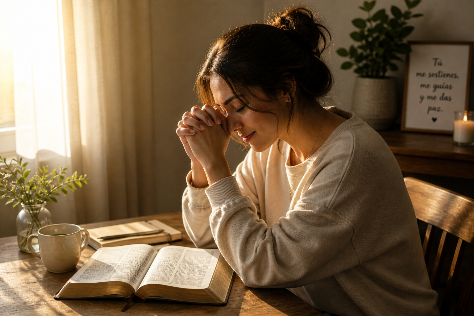 Mujer en paz orando con la Biblia