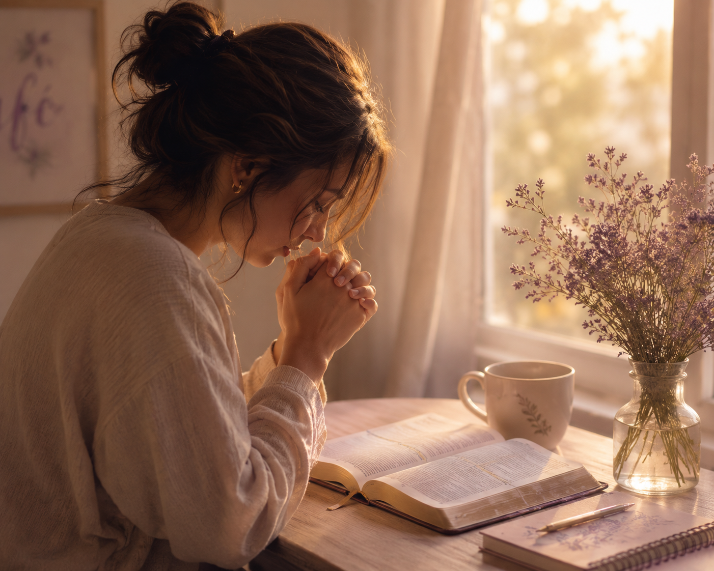 Mujer orando con una Biblia abierta a la luz del amanecer