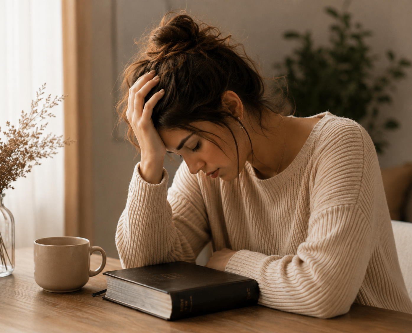 Mujer cansada con la Biblia sobre la mesa